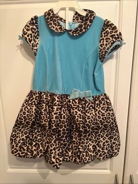 Aqua and Leopard Print Girls Dress with Peter Pan Collar